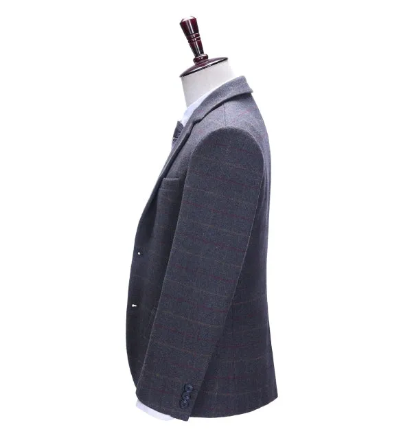 Men's Business 3 Pieces Formal Dark Grey Tweed Plaid Notch Lapel Suit (Blazer vest Pants)