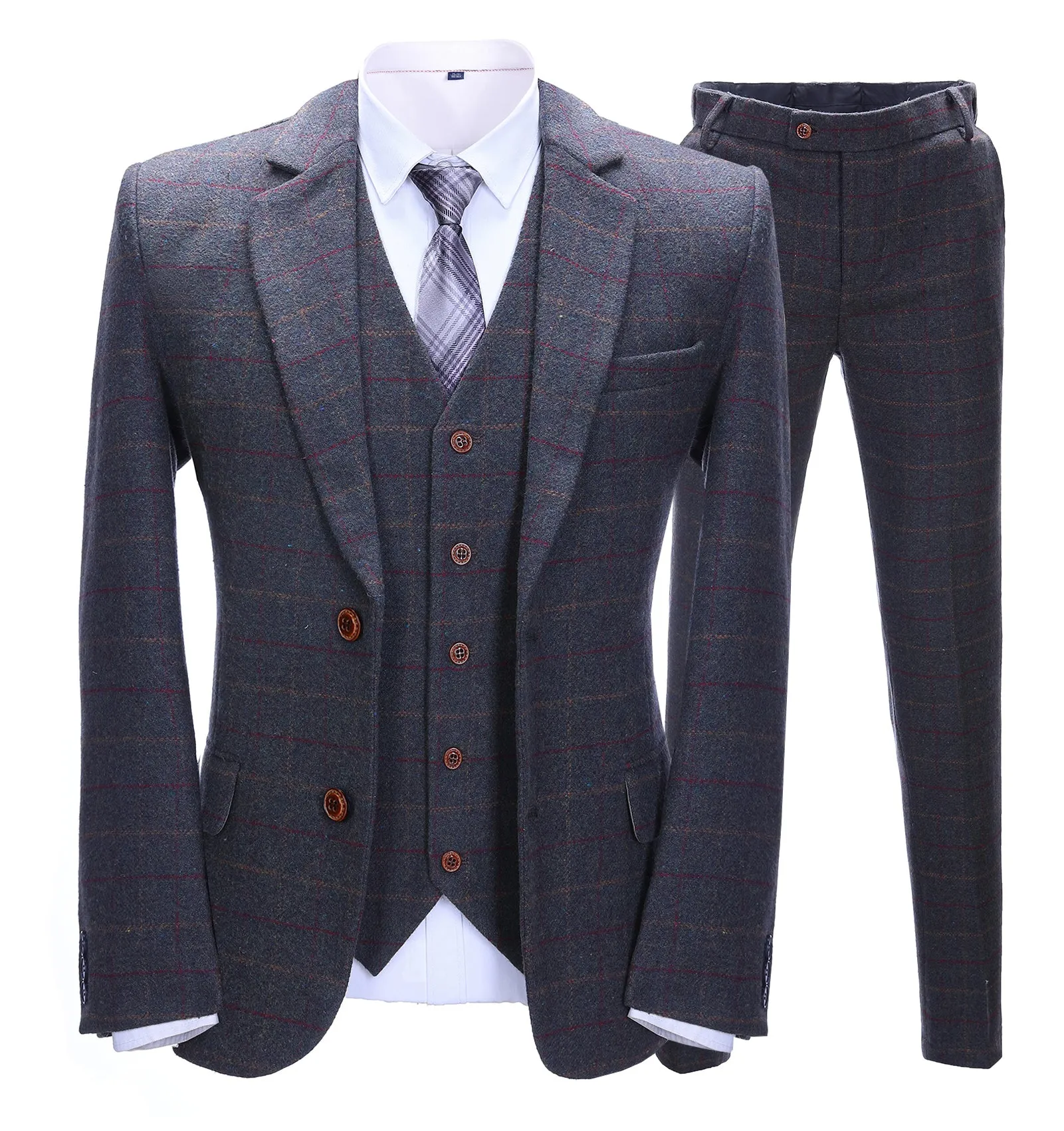 Men's Business 3 Pieces Formal Dark Grey Tweed Plaid Notch Lapel Suit (Blazer vest Pants)