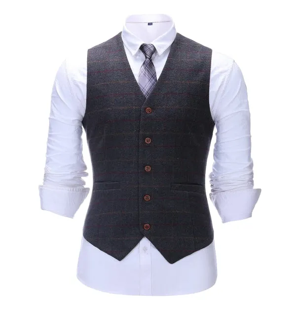 Men's Business 3 Pieces Formal Dark Grey Tweed Plaid Notch Lapel Suit (Blazer vest Pants)