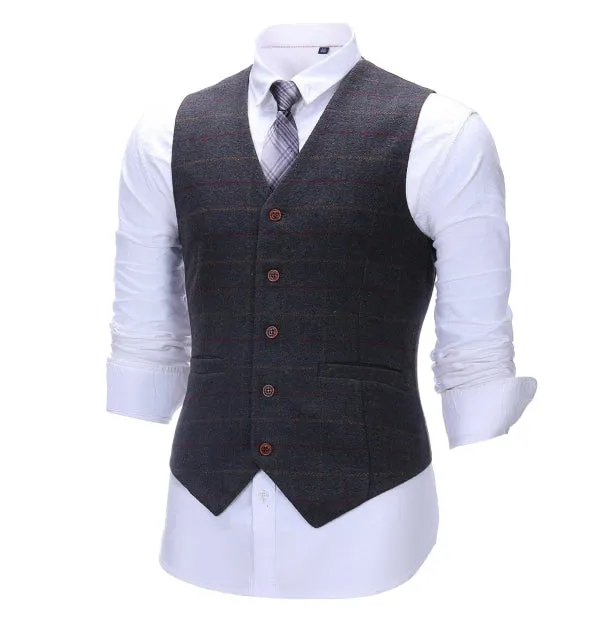 Men's Business 3 Pieces Formal Dark Grey Tweed Plaid Notch Lapel Suit (Blazer vest Pants)