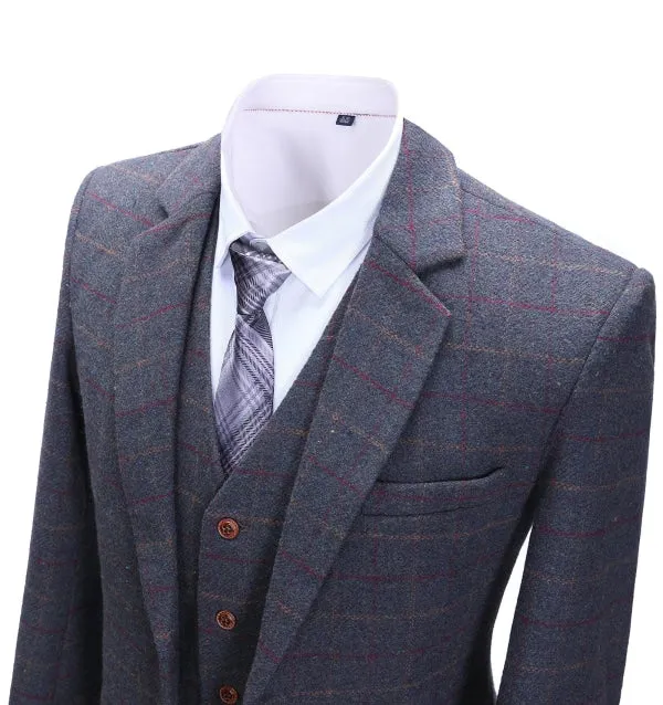 Men's Business 3 Pieces Formal Dark Grey Tweed Plaid Notch Lapel Suit (Blazer vest Pants)