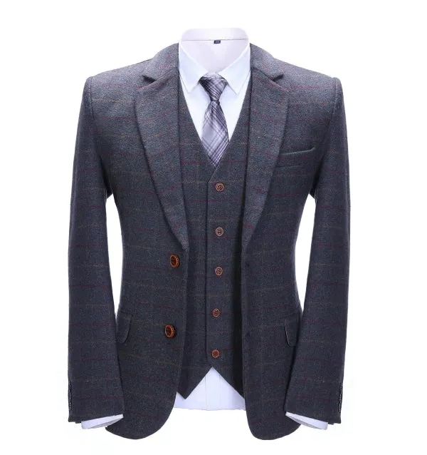 Men's Business 3 Pieces Formal Dark Grey Tweed Plaid Notch Lapel Suit (Blazer vest Pants)