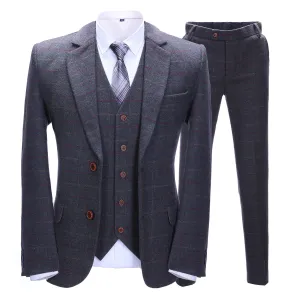 Men's Business 3 Pieces Formal Dark Grey Tweed Plaid Notch Lapel Suit (Blazer vest Pants)