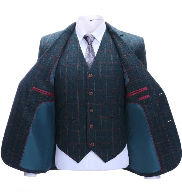 Men's Business 3 Pieces Mens Suit Navy Plaid Notch Lapel Suit (Blazer vest Pants)