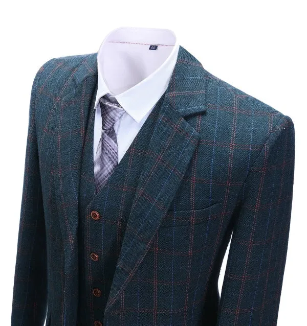 Men's Business 3 Pieces Mens Suit Navy Plaid Notch Lapel Suit (Blazer vest Pants)