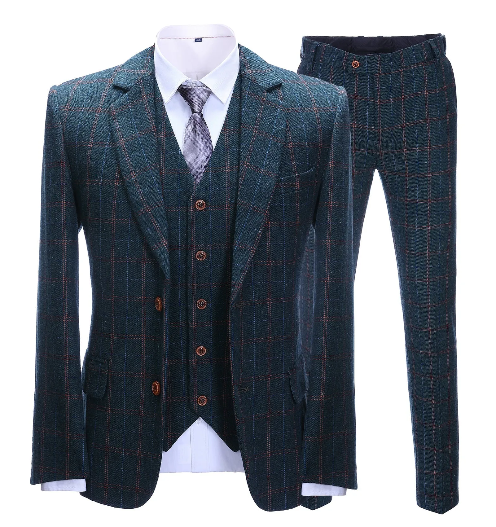Men's Business 3 Pieces Mens Suit Navy Plaid Notch Lapel Suit (Blazer vest Pants)