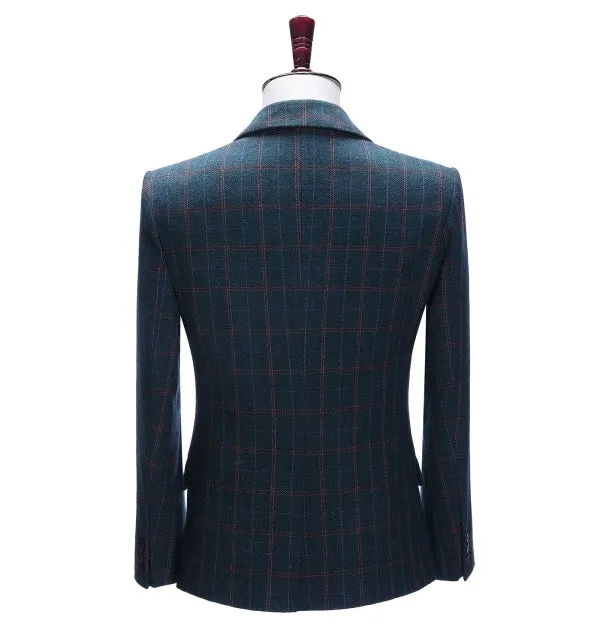 Men's Business 3 Pieces Mens Suit Navy Plaid Notch Lapel Suit (Blazer vest Pants)