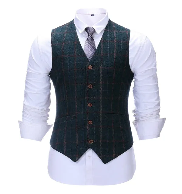 Men's Business 3 Pieces Mens Suit Navy Plaid Notch Lapel Suit (Blazer vest Pants)