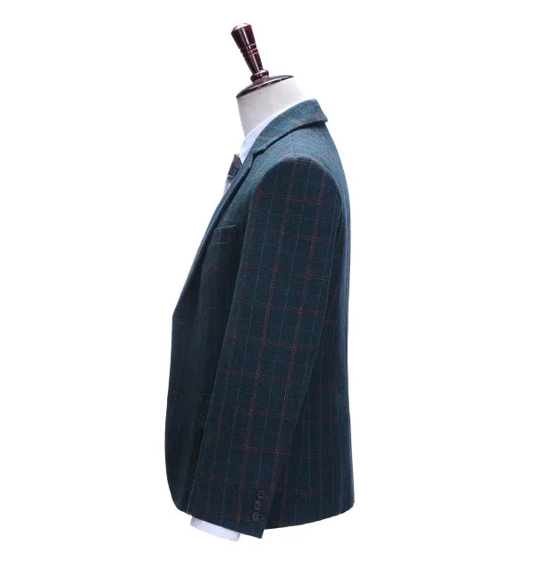 Men's Business 3 Pieces Mens Suit Navy Plaid Notch Lapel Suit (Blazer vest Pants)