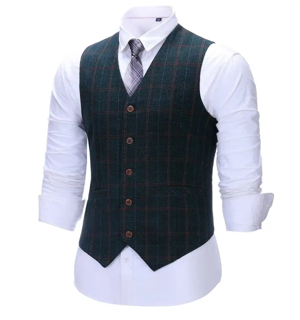 Men's Business 3 Pieces Mens Suit Navy Plaid Notch Lapel Suit (Blazer vest Pants)