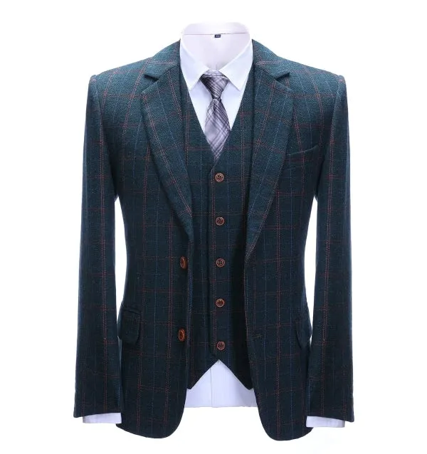 Men's Business 3 Pieces Mens Suit Navy Plaid Notch Lapel Suit (Blazer vest Pants)