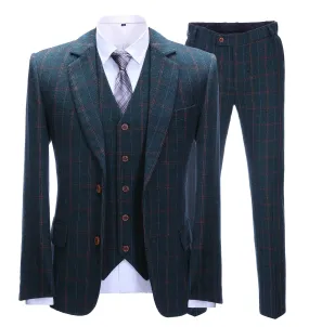 Men's Business 3 Pieces Mens Suit Navy Plaid Notch Lapel Suit (Blazer vest Pants)