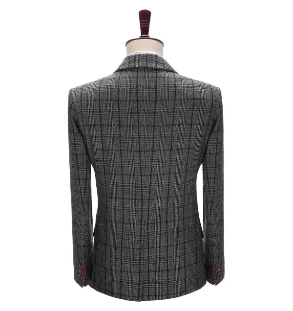Men's Formal Business Dark Grey Plaid Notch Lapel Blazer