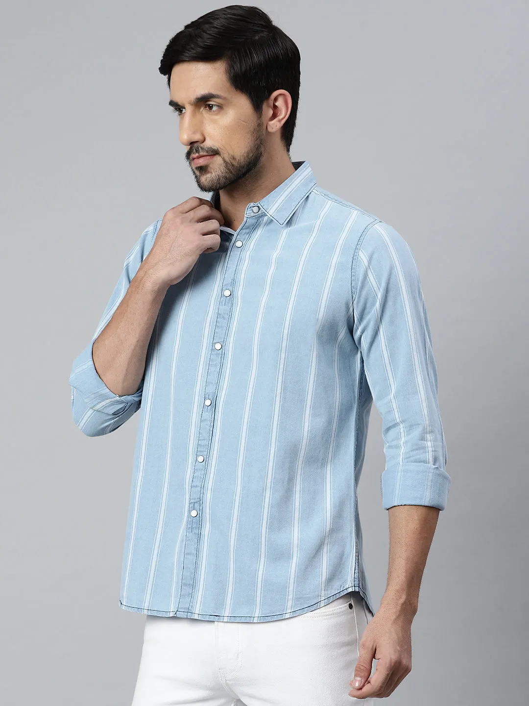 Men's Striped Blue Slim Fit Shirt (Blue)