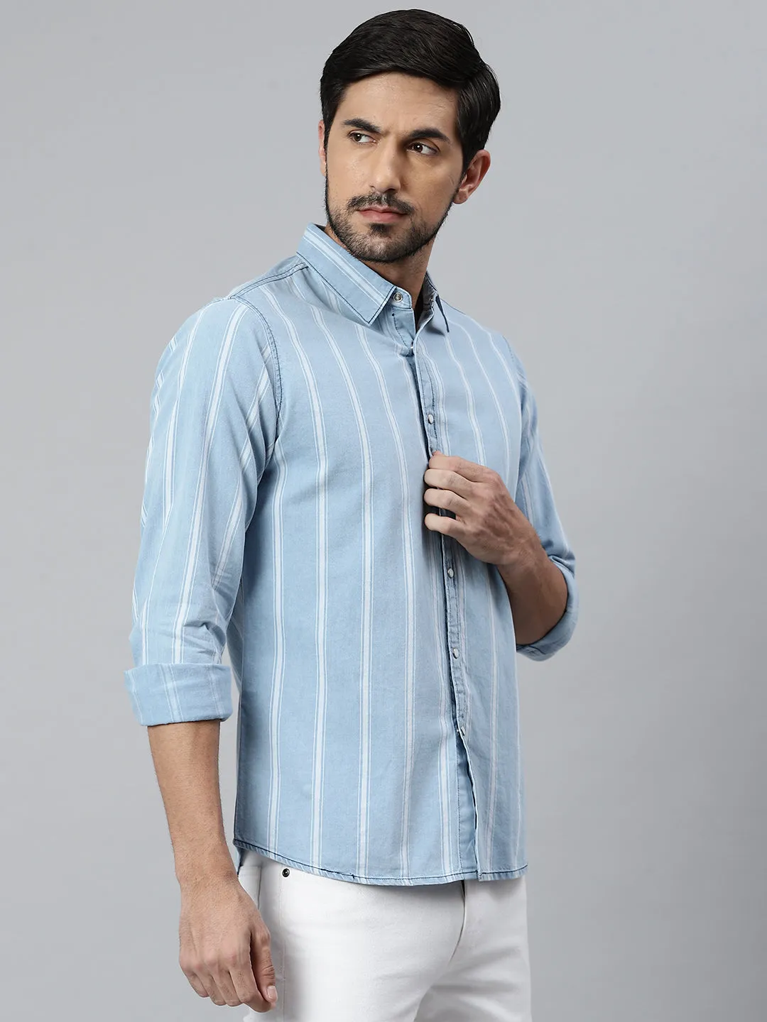 Men's Striped Blue Slim Fit Shirt (Blue)