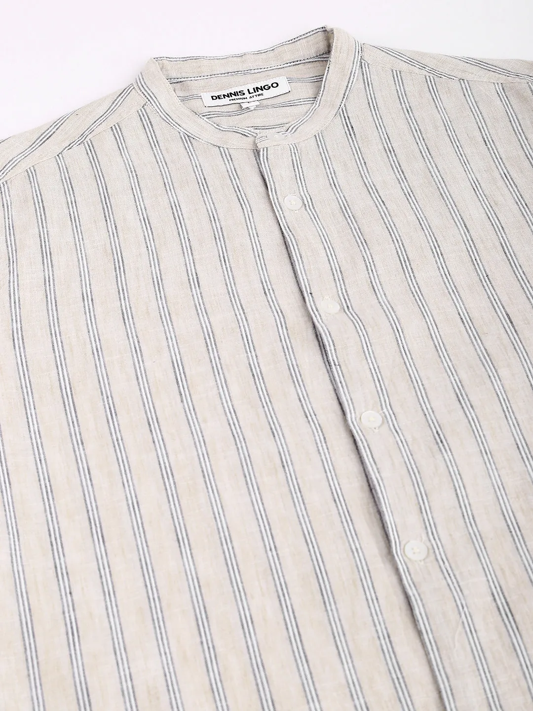 Men's Stripes Fawn Slim Fit Linen Casual Shirt With Mandarin Collar & Full Sleeves