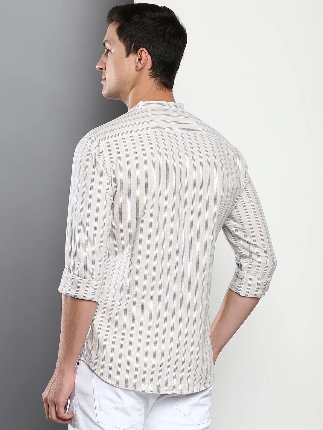 Men's Stripes Fawn Slim Fit Linen Casual Shirt With Mandarin Collar & Full Sleeves