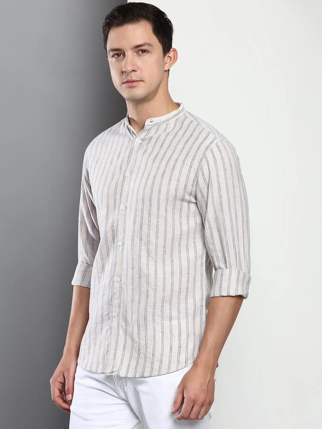 Men's Stripes Fawn Slim Fit Linen Casual Shirt With Mandarin Collar & Full Sleeves