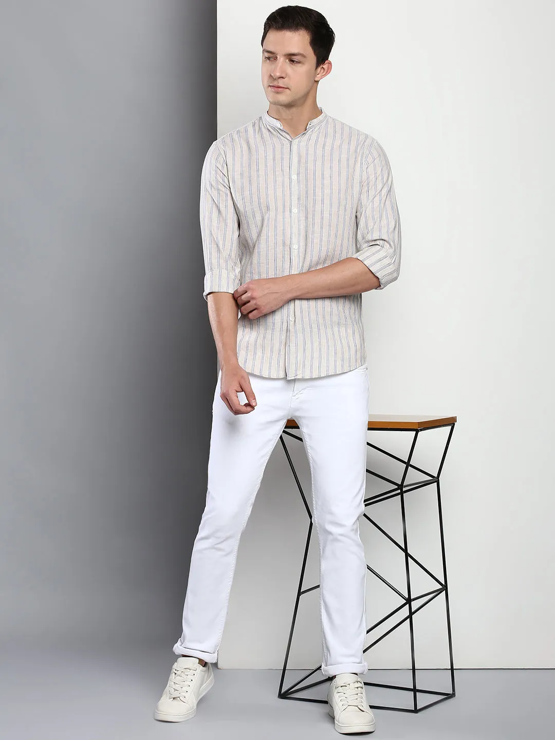 Men's Stripes Fawn Slim Fit Linen Casual Shirt With Mandarin Collar & Full Sleeves