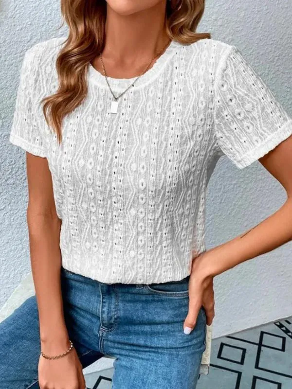Meredith Women's Comfortable Fresh Sweet Round Neck Hollow Short Sleeve T-Shirt
