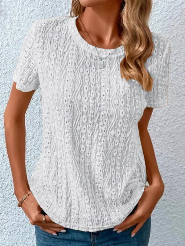 Meredith Women's Comfortable Fresh Sweet Round Neck Hollow Short Sleeve T-Shirt