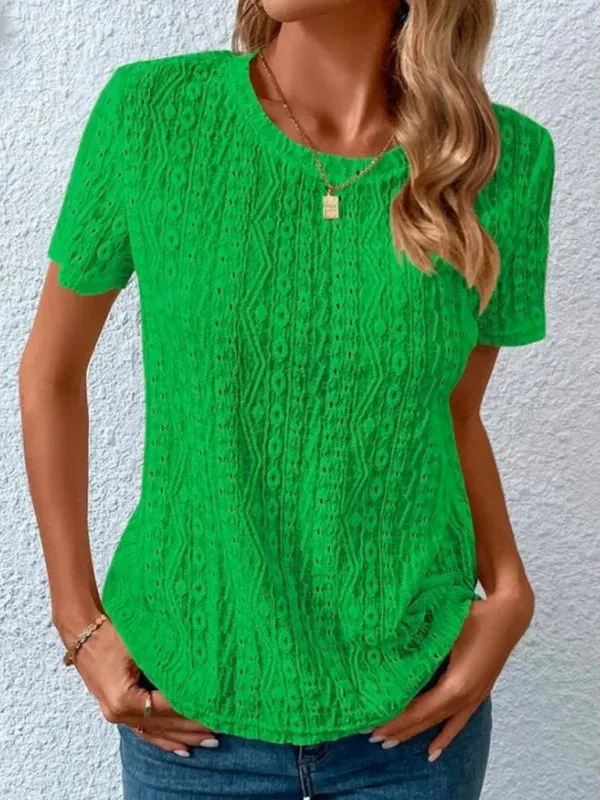 Meredith Women's Comfortable Fresh Sweet Round Neck Hollow Short Sleeve T-Shirt