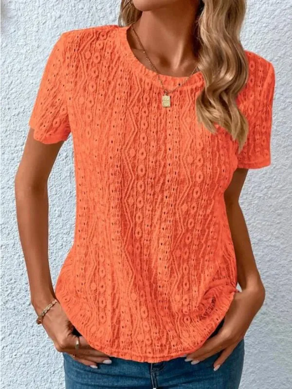 Meredith Women's Comfortable Fresh Sweet Round Neck Hollow Short Sleeve T-Shirt