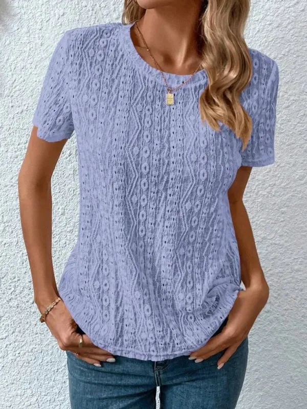 Meredith Women's Comfortable Fresh Sweet Round Neck Hollow Short Sleeve T-Shirt