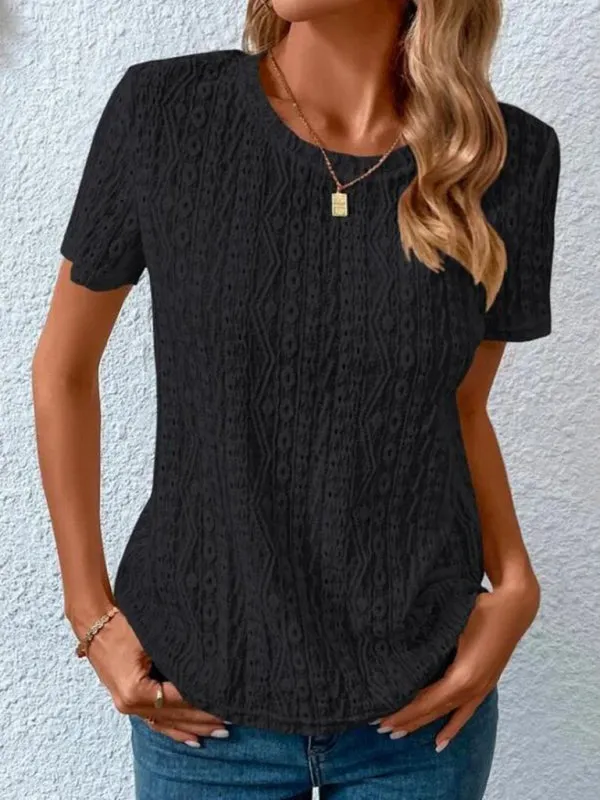 Meredith Women's Comfortable Fresh Sweet Round Neck Hollow Short Sleeve T-Shirt