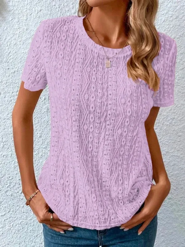 Meredith Women's Comfortable Fresh Sweet Round Neck Hollow Short Sleeve T-Shirt