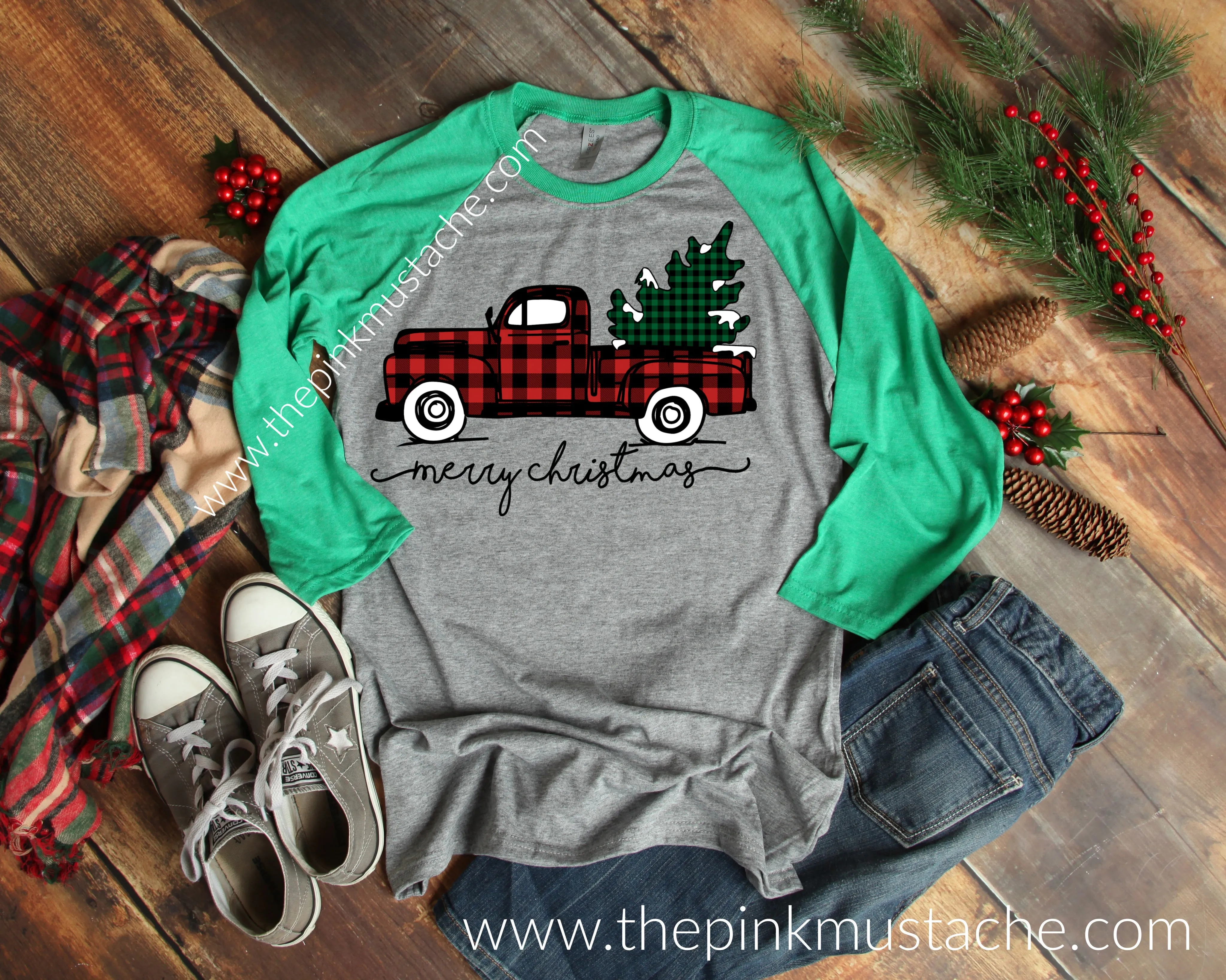 Merry Christmas Buffalo Plaid Truck Raglan / Merry Christmas Boutique Graphic Raglan Buffalo Plaid Christmas/ Youth and Adult Sizing