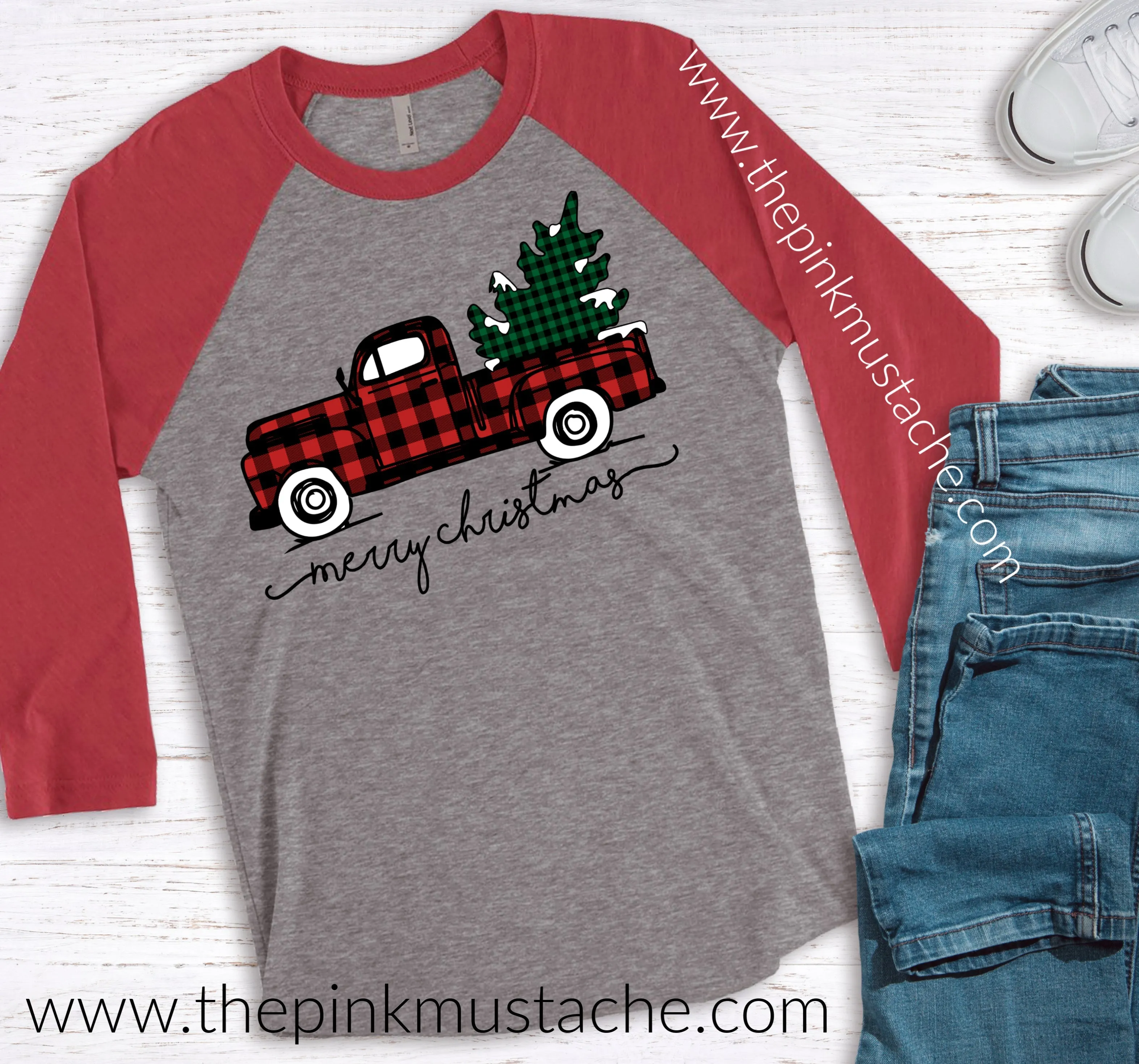 Merry Christmas Buffalo Plaid Truck Raglan / Merry Christmas Boutique Graphic Raglan Buffalo Plaid Christmas/ Youth and Adult Sizing
