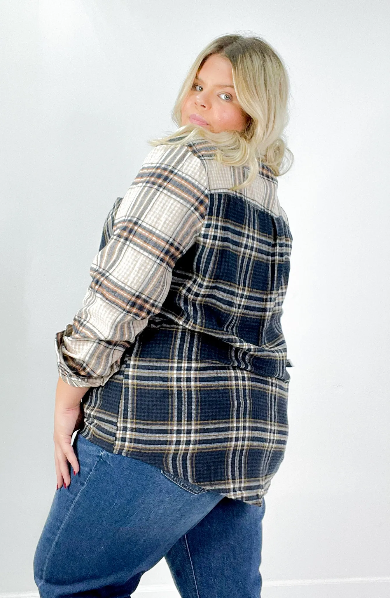 Multi Plaid Colorblock Button Down Curvy Shirt