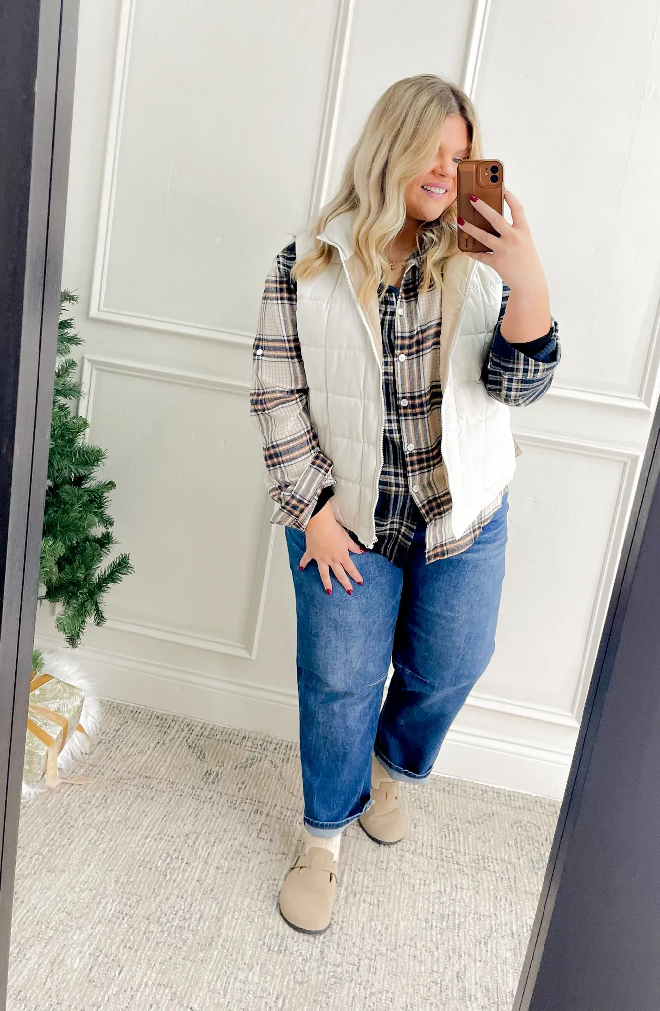Multi Plaid Colorblock Button Down Curvy Shirt