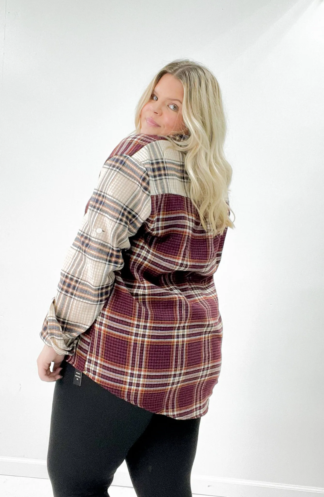Multi Plaid Colorblock Button Down Curvy Shirt