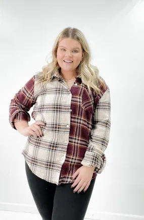Multi Plaid Colorblock Button Down Curvy Shirt