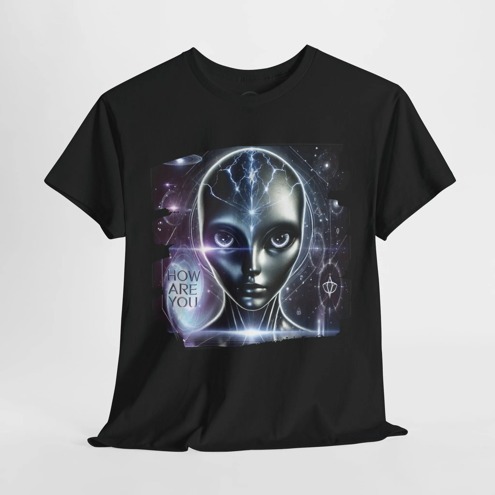 Mystical Alien Graphic T-Shirt Unisex Heavy Cotton Tee – How Are You? Statement Shirt for Art, Pop Culture, Festival, and Sci-Fi Lovers