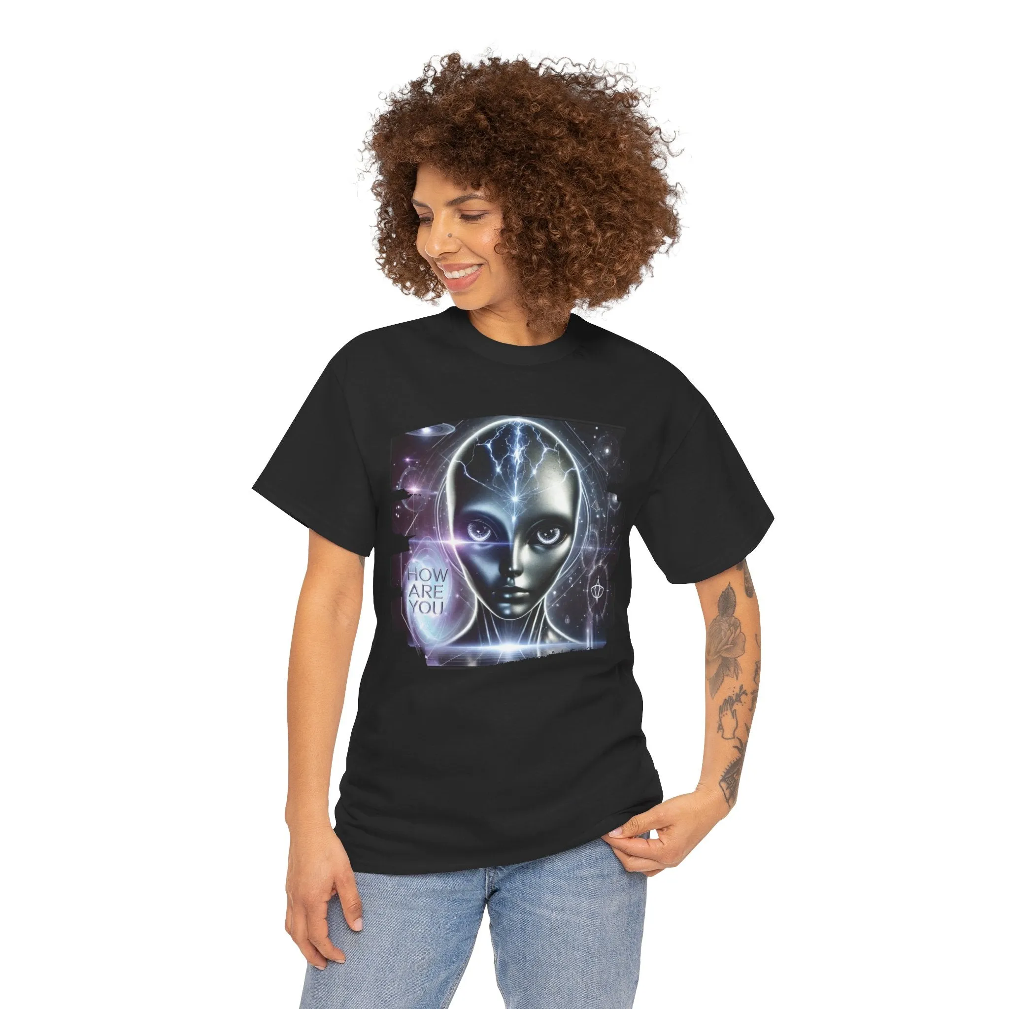 Mystical Alien Graphic T-Shirt Unisex Heavy Cotton Tee – How Are You? Statement Shirt for Art, Pop Culture, Festival, and Sci-Fi Lovers