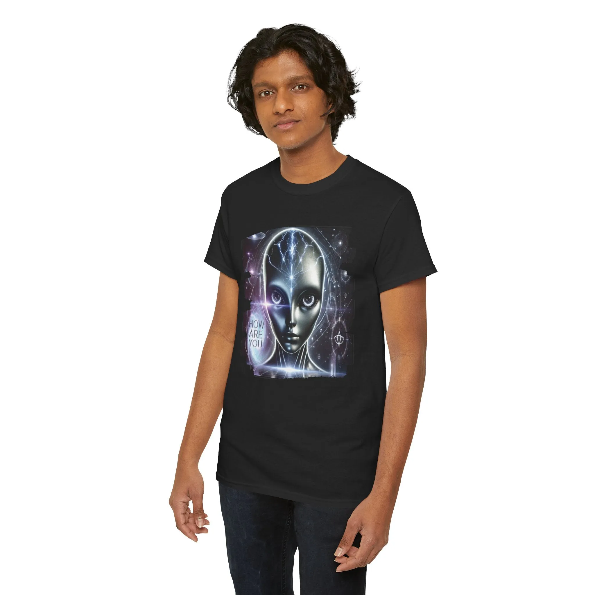 Mystical Alien Graphic T-Shirt Unisex Heavy Cotton Tee – How Are You? Statement Shirt for Art, Pop Culture, Festival, and Sci-Fi Lovers