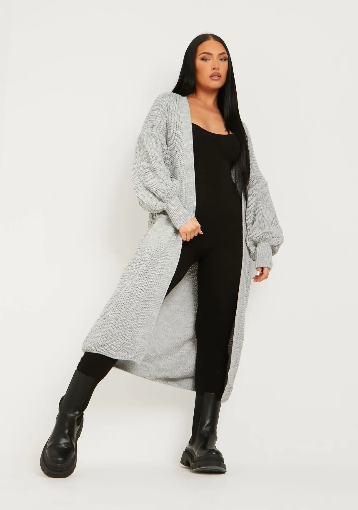 Nathalie Grey Balloon Sleeve Knitted Cardigan