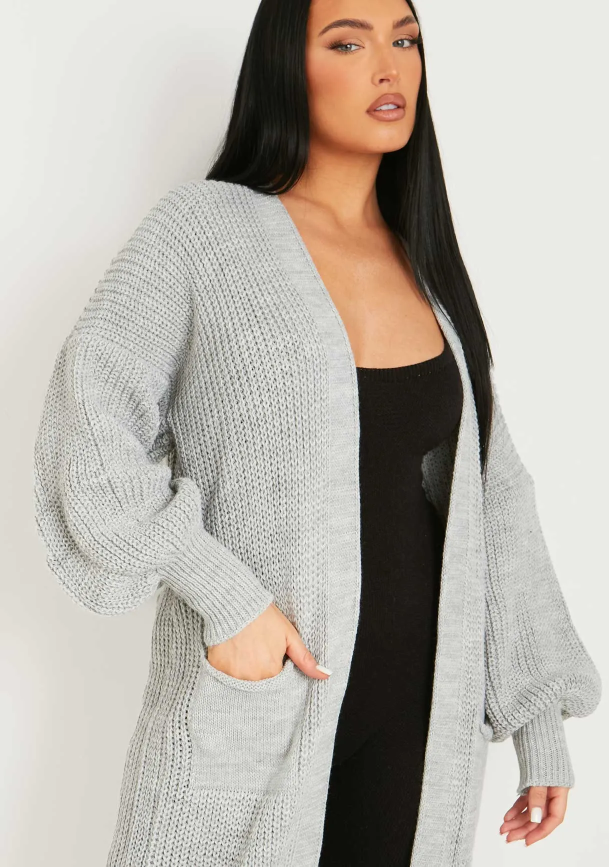 Nathalie Grey Balloon Sleeve Knitted Cardigan