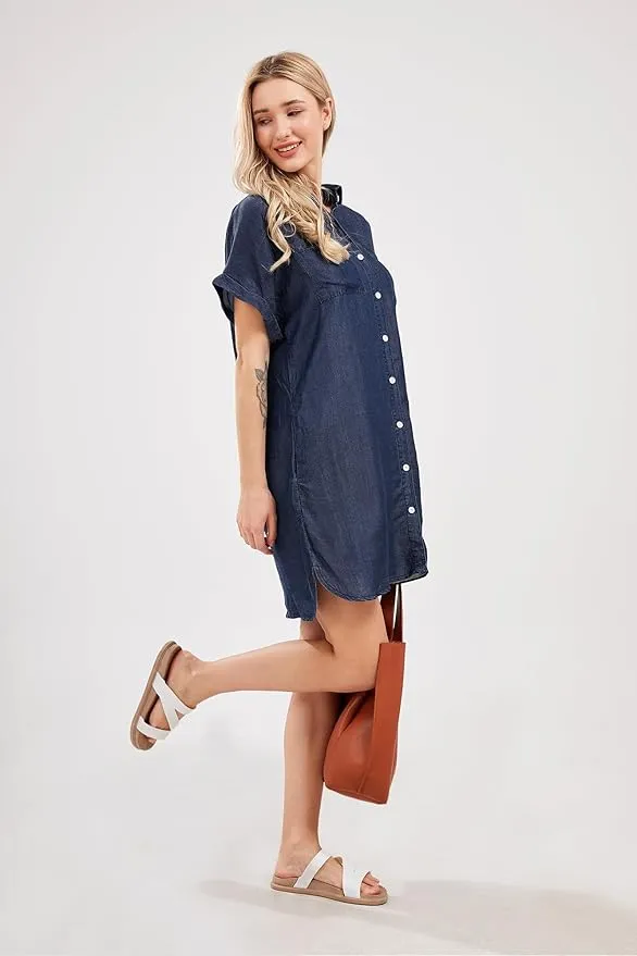 New yoeasy Women's Short Sleeve Denim Shirt Midi Dress Button Down Tunic Jean Dress with Pockets Sz XXL Retails $55 