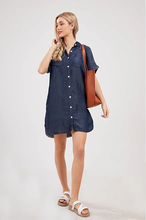 New yoeasy Women's Short Sleeve Denim Shirt Midi Dress Button Down Tunic Jean Dress with Pockets Sz XXL Retails $55 