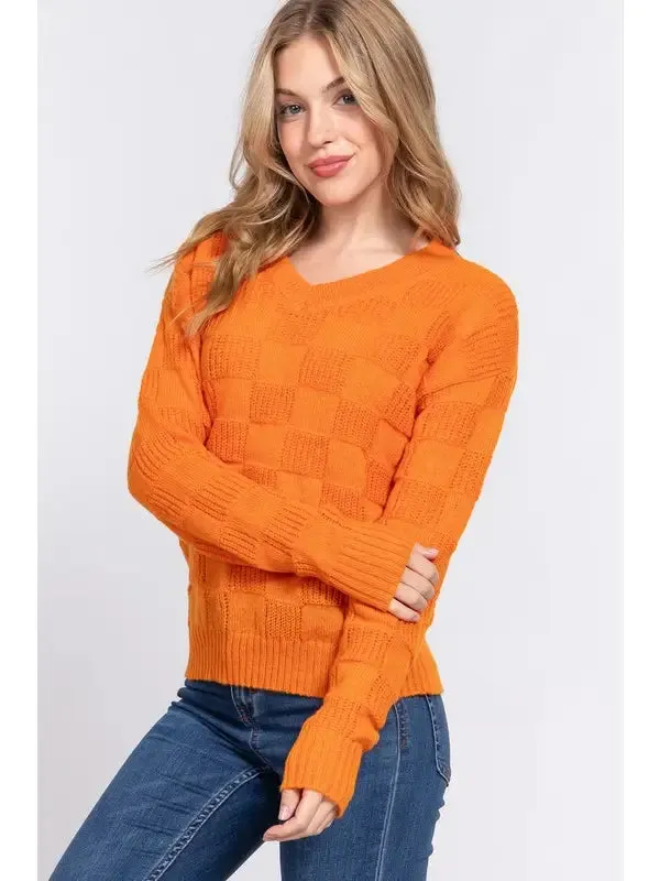 Orange Long Sleeve V-Neck Checkered Texture Sweater