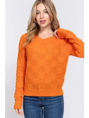 Orange Long Sleeve V-Neck Checkered Texture Sweater