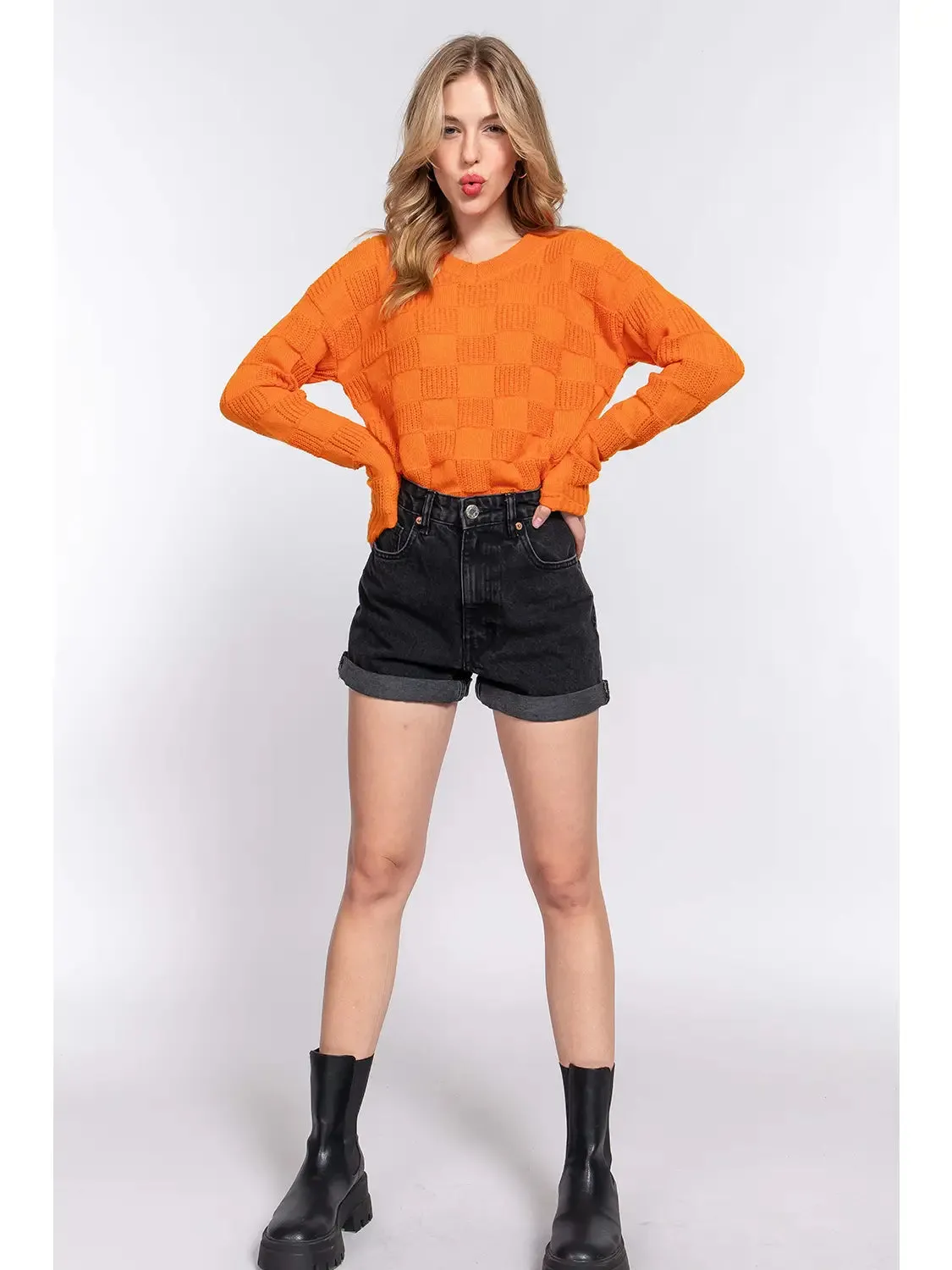 Orange Long Sleeve V-Neck Checkered Texture Sweater