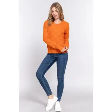 Orange Long Sleeve V-Neck Checkered Texture Sweater