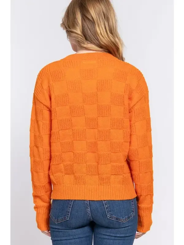 Orange Long Sleeve V-Neck Checkered Texture Sweater