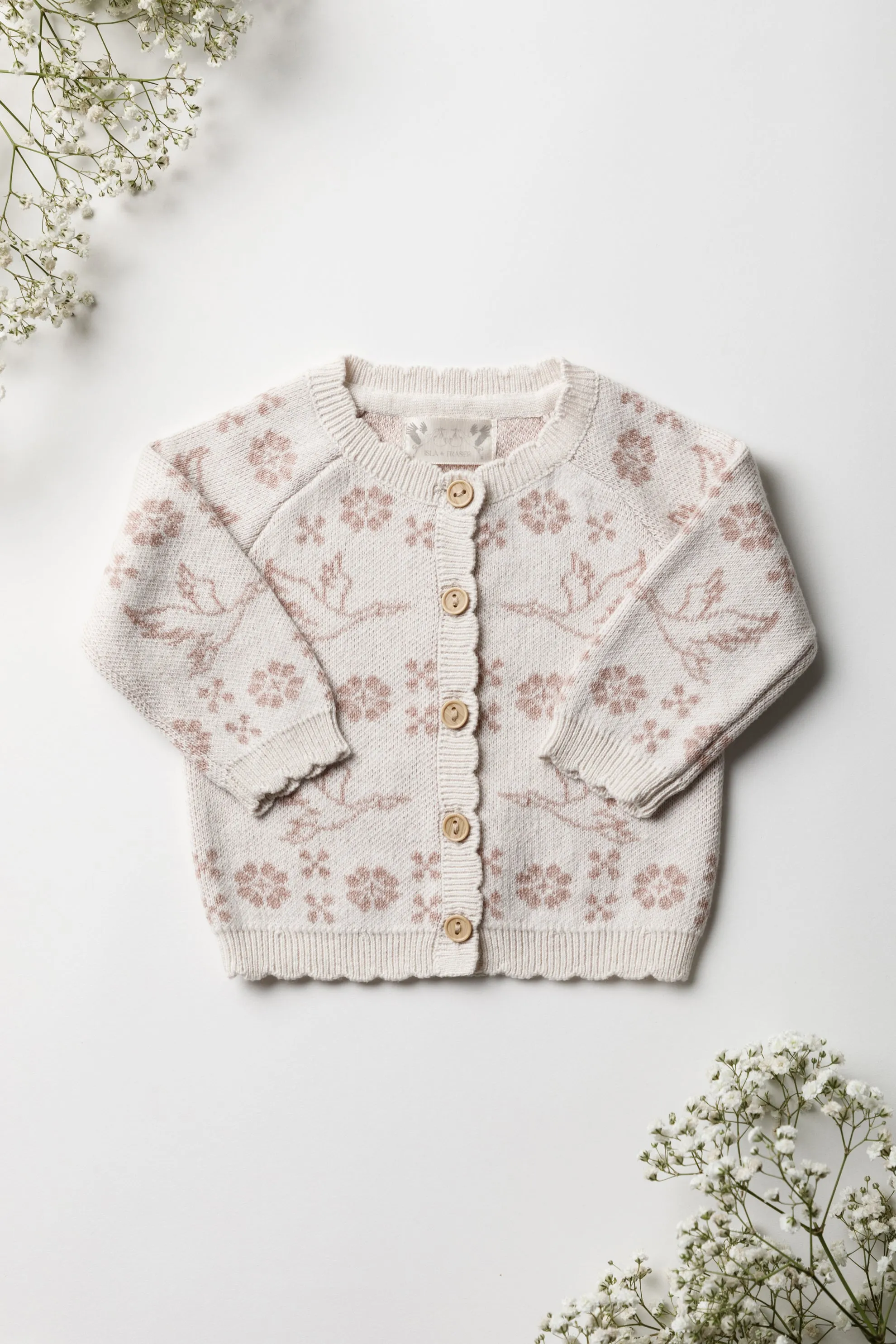 Organic Cotton Stork Baby Cardigan - Oat/Rose