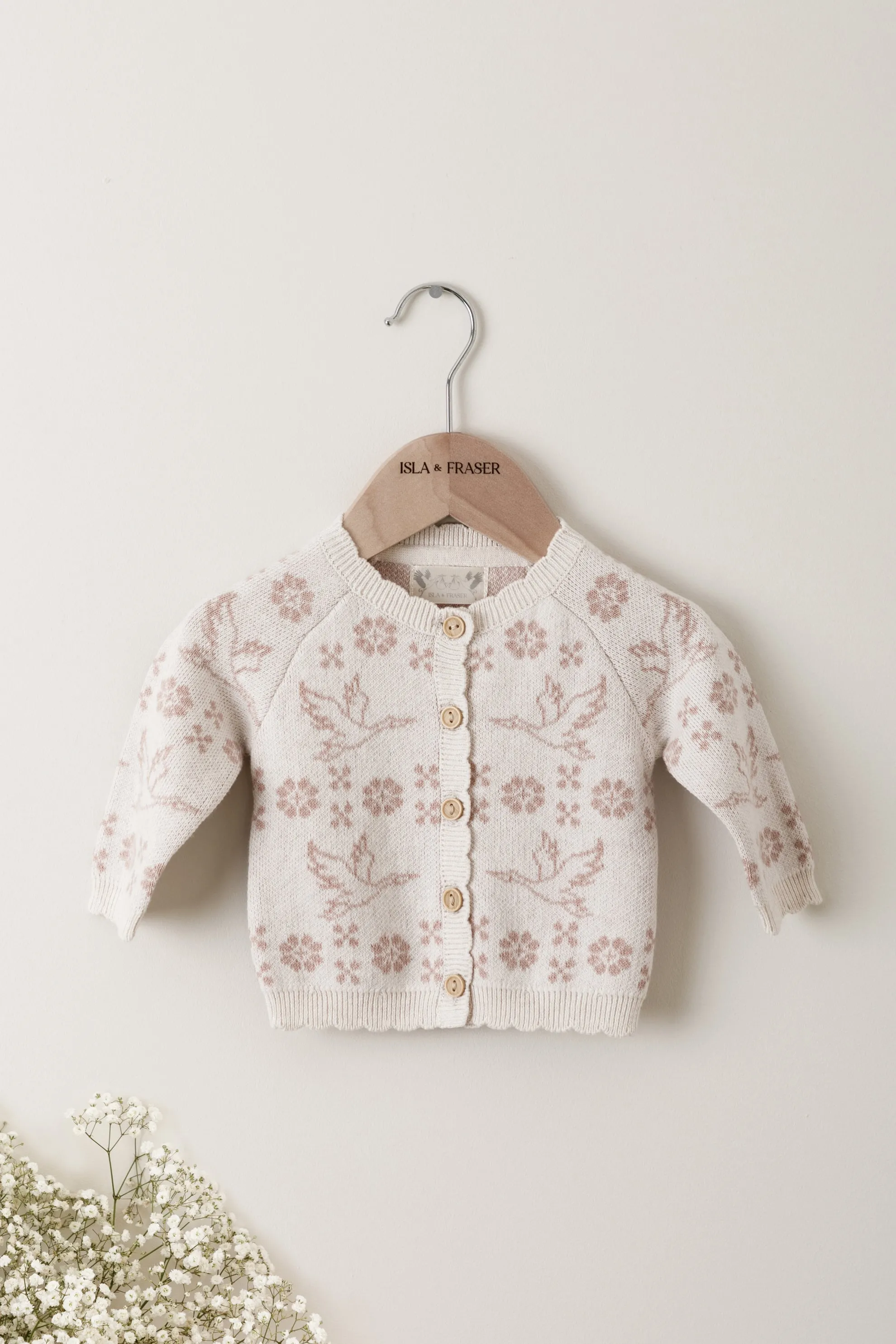Organic Cotton Stork Baby Cardigan - Oat/Rose